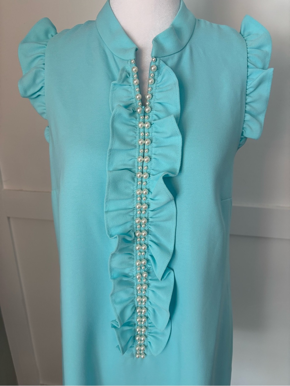 Lilly Pulitzer Adalee Shift Aqua Ruffled Pearl-Trim Shift Dress size 4 NWT - Picture 2 of 9